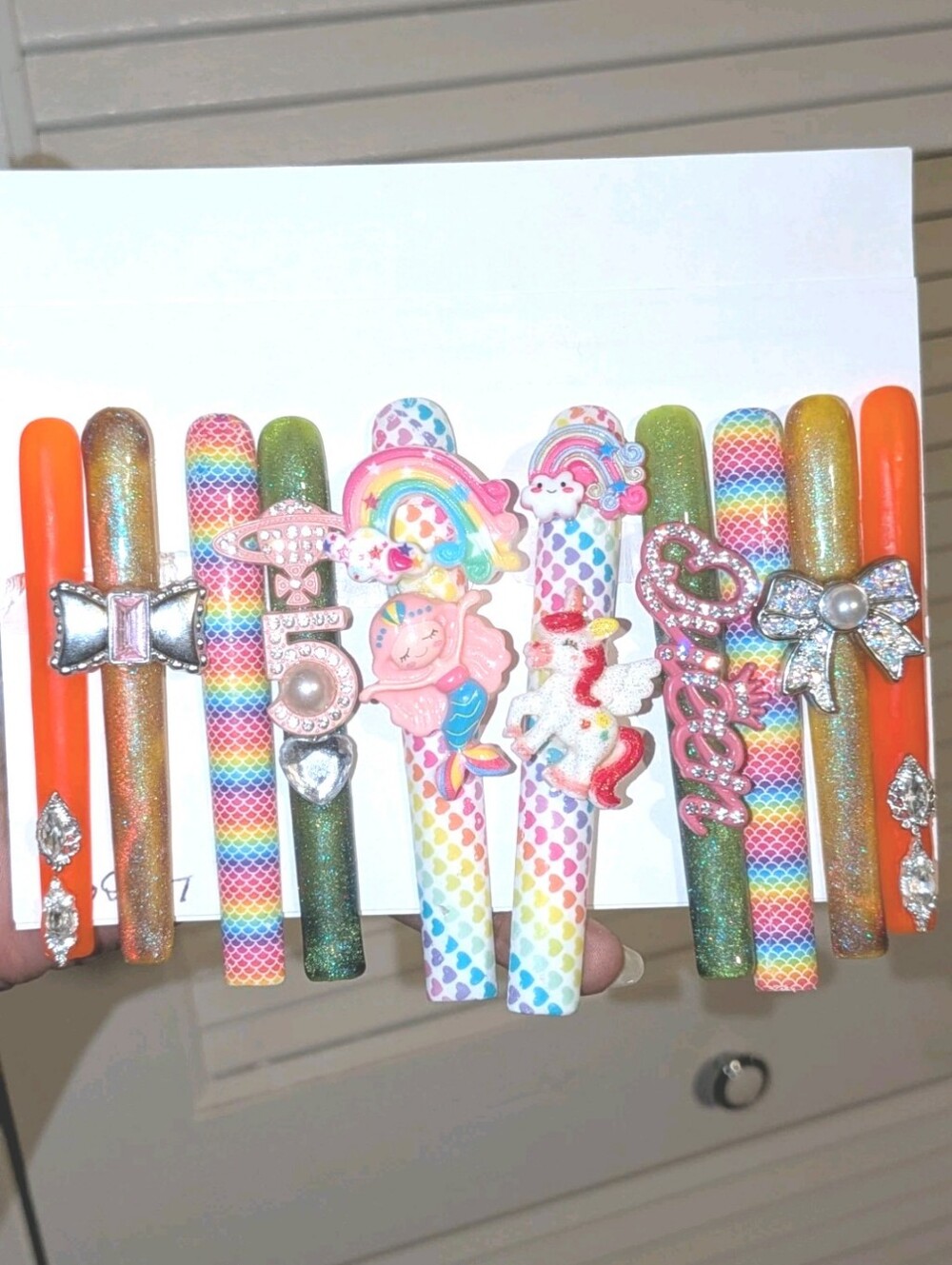SolddddHand Crafted 6Xl Acrylic Rainbow & Orange Press-On Nails Set with Charms - Picture 4 of 16